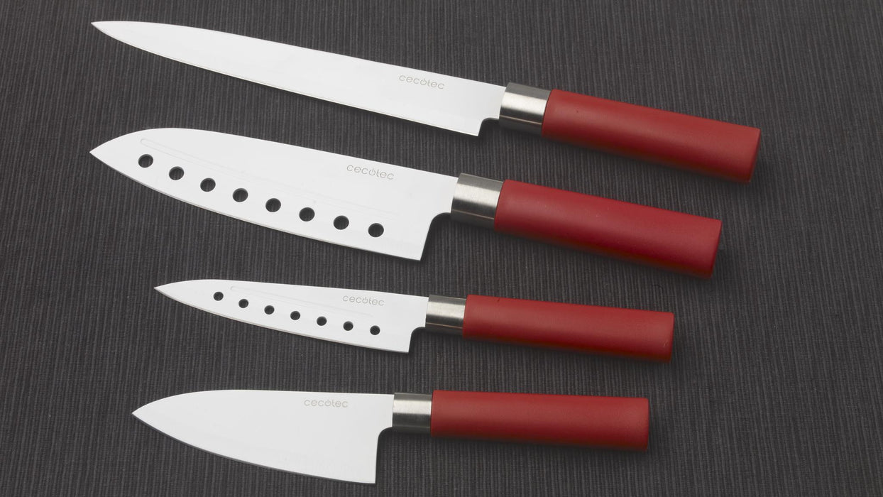 Set de 4 cuțite japoneze Cecotec, lame de 2 mm, oțel AISI 420B, înveliș ceramic