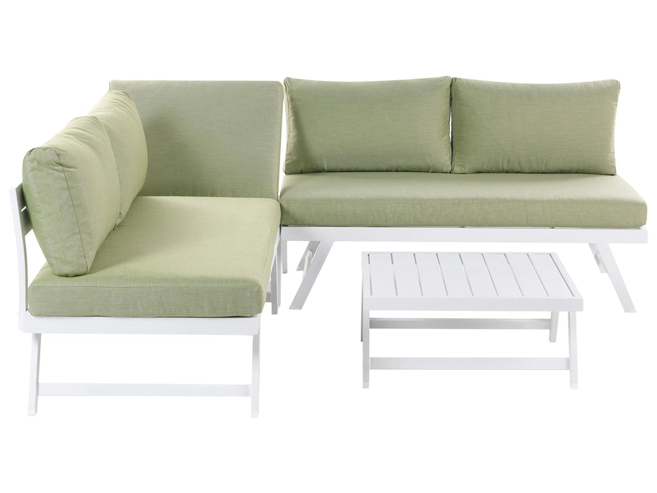 Set colțar lounge pentru grădină, Beliani, 5 locuri, structură aluminiu, alb cu perne verzi