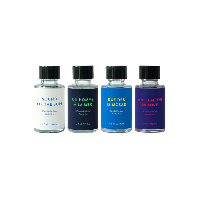 Set apă de parfum Velvetvelo Discovery Set: Sound Of The Sun + Un Homme A La Mer + Rue Des Mimosas + Archimede In Love, 4 x 4,5 ml