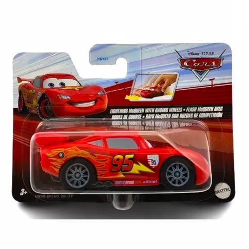 Mașinuță Mattel Cars 3, Fulger McQueen cu roți de curse, sistem pullback, scara 1:43