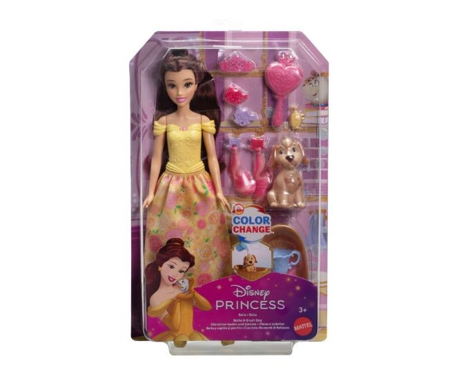 Păpușă Mattel Disney Princess, Belle cu cățel Color Change, accesorii, 3+ ani