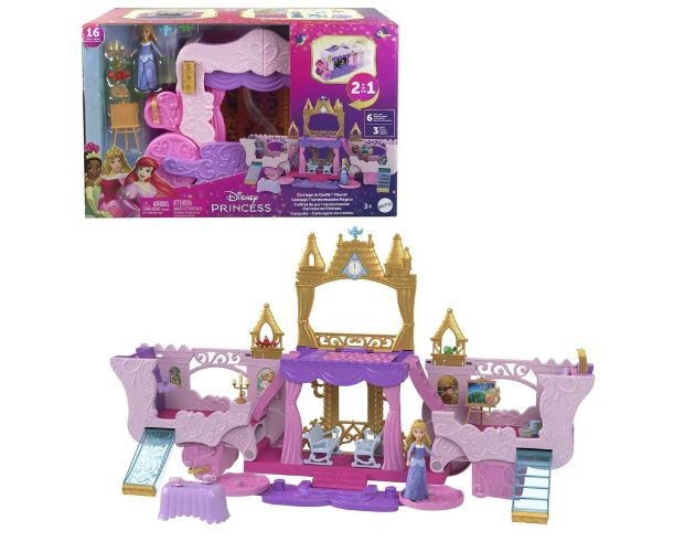 Set de joacă transformabil Mattel Disney Princess, trăsură-castel 2 în 1, păpușă inclusă, 3+ ani