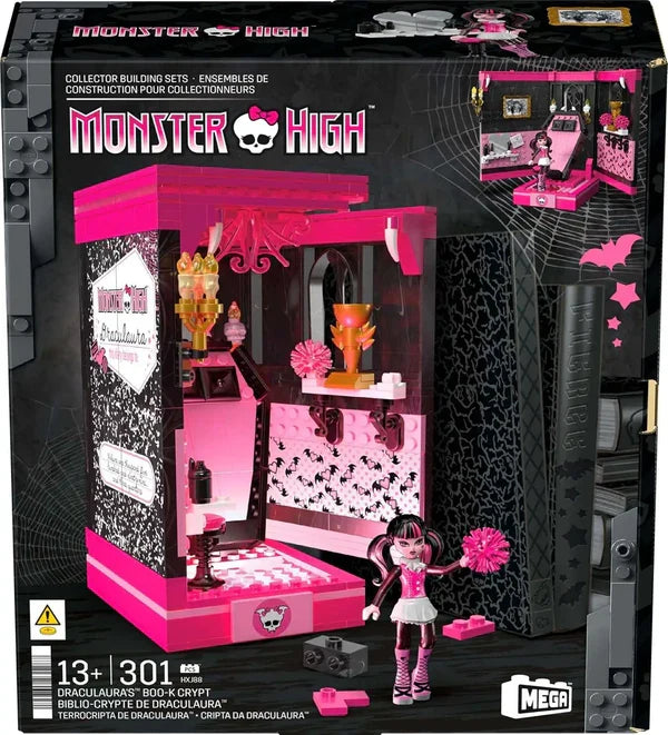 Set de construcție Mattel Mega Construx Monster High, Draculaura's Boo-K Crypt, 301 piese, 13+ ani
