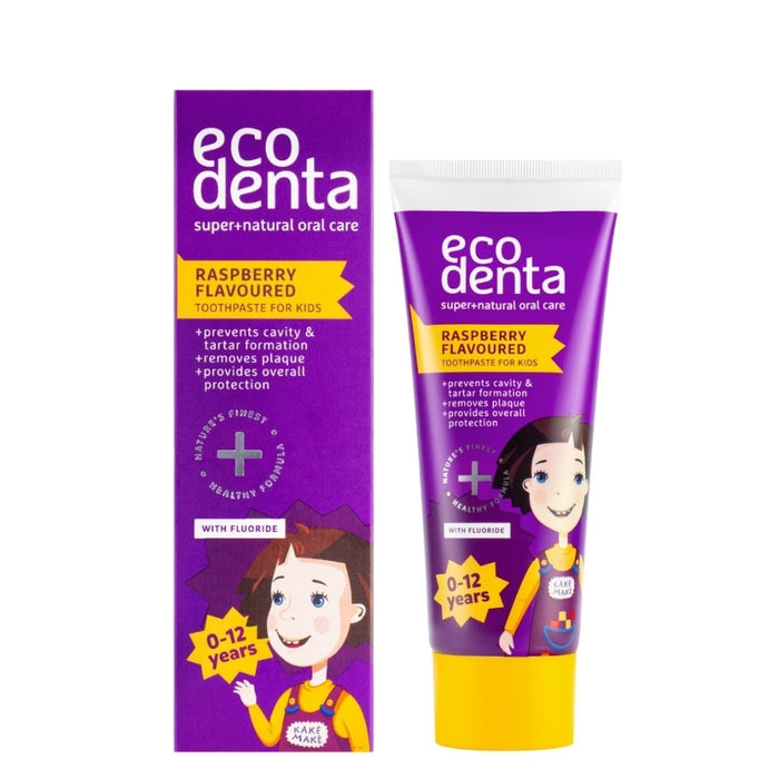 Pastă de dinți Ecodenta Raspberry, cu aromă de zmeură, cu fluor, pentru copii 0–12 ani, 75 ml