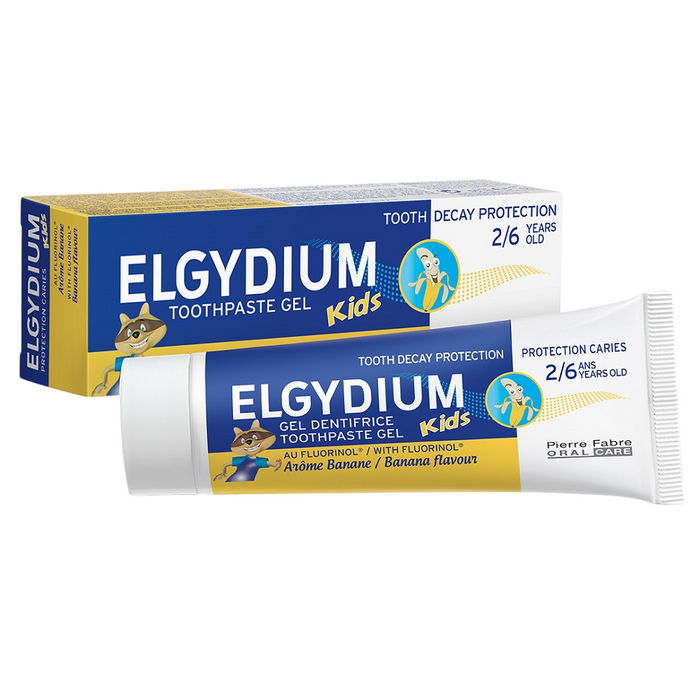 Pastă de dinți Elgydium Kids Shark, cu Fluorinol, aromă de banană, pentru copii 2–6 ani, 50 ml