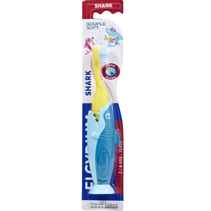 Periuță de dinți Elgydium Kids Shark, pentru copii 2–6 ani, cu peri moi, albastră