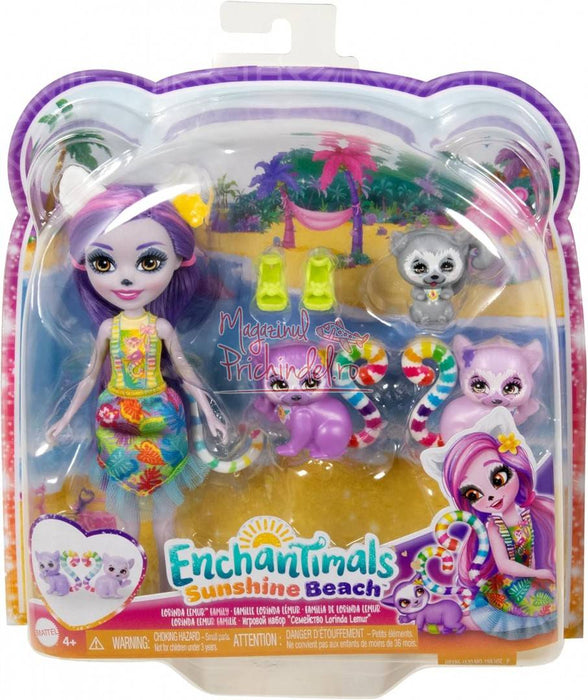 Păpușă Mattel Enchantimals Sunshine Beach, Lorinda Lemur și familia, 4+ ani