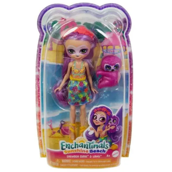 Păpușă Mattel Enchantimals Sunshine Beach, Sabrina Sloth & Hang, cu animal de companie leneș