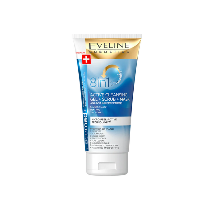 Gel de curățare Eveline Cosmetics 8in1 Active Cleansing Gel + Scrub + Mask, cu acid salicilic, pentru față, 150 ml, tester