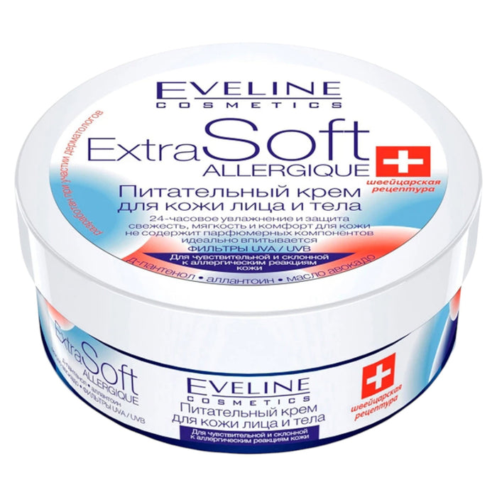 Cremă de față și corp Eveline Cosmetics Extra Soft Allergique, hrănitoare, pentru piele normală și sensibilă, 200 ml, tester