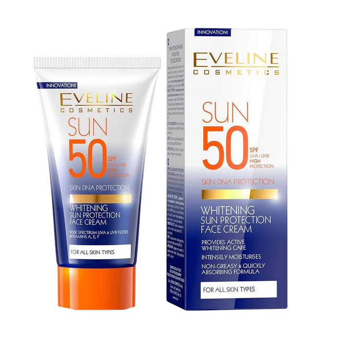 Cremă de față Eveline Cosmetics Whitening Sun Protection, cu acid hialuronic, SPF 50, 50 ml