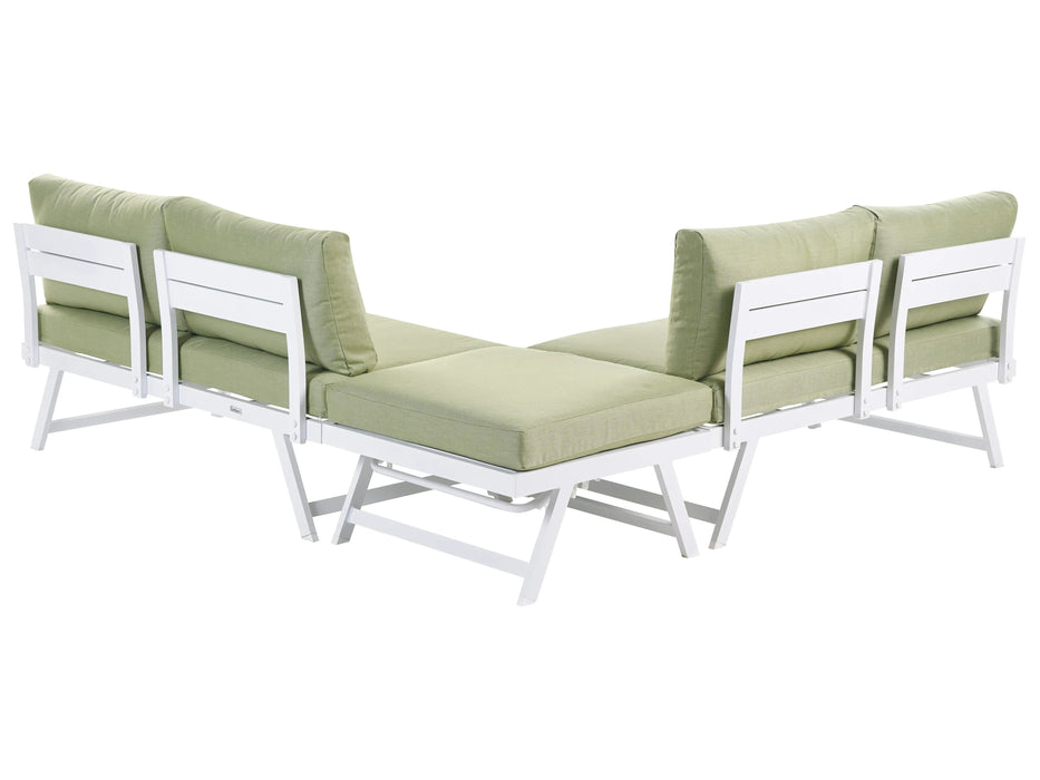 Set colțar lounge pentru grădină, Beliani, 5 locuri, structură aluminiu, alb cu perne verzi