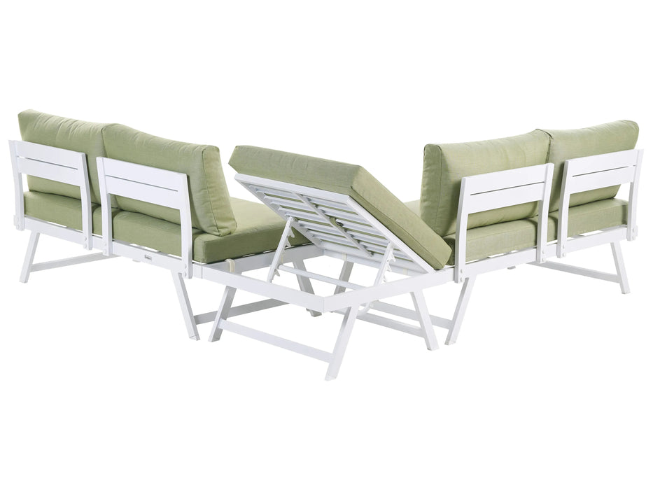 Set colțar lounge pentru grădină, Beliani, 5 locuri, structură aluminiu, alb cu perne verzi
