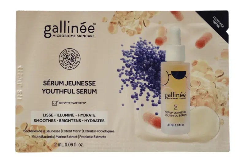 Ser de față Gallinee Microbiome Skincare Youthful Serum, antiîmbătrânire, cu prebiotice, probiotice și postbiotice, 2 ml, tester