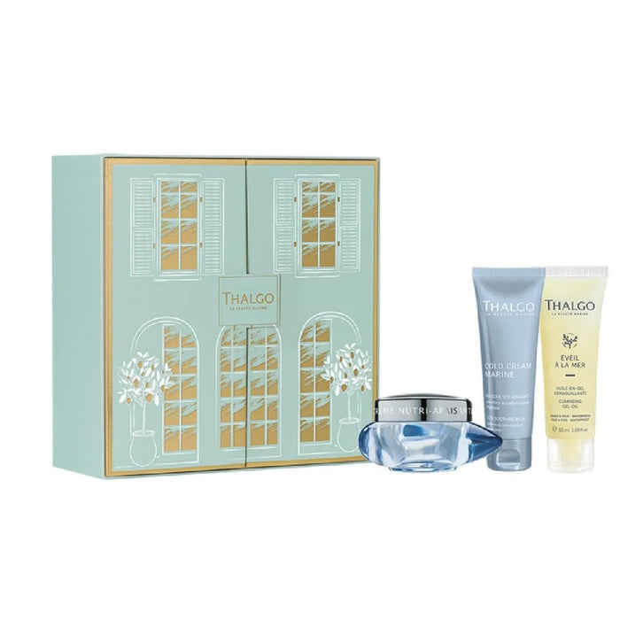 Set Thalgo Eveil à la Mer + Cold Cream Marine, gel de curățare + cremă calmantă + mască cremă calmantă, 3 x 50 ml