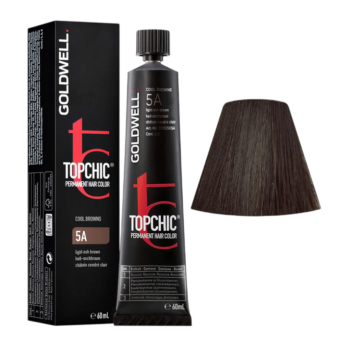 Vopsea permanentă de păr Goldwell Topchic Naturals, nuanța 5A Light Ash Brown, 60 ml