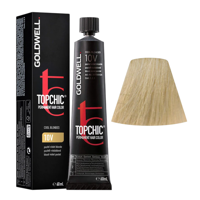 Vopsea permanentă de păr Goldwell TopChic, nuanța 10V Pastel Violet Blonde, 60 ml