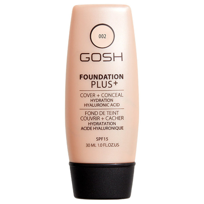Fond de ten lichid Gosh Foundation Plus+, hidratant, iluminator și cu acoperire, nuanța 002 Fildeș, SPF 15, 30 ml