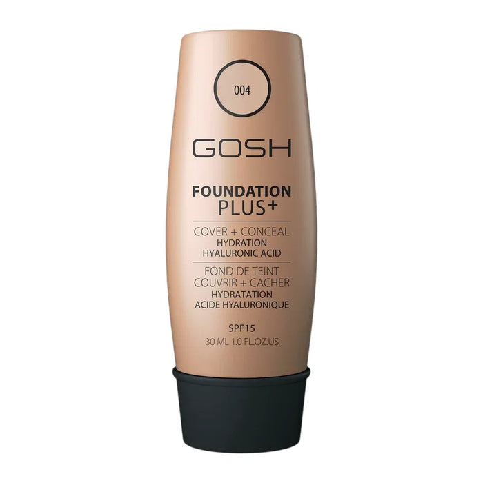 Fond de ten lichid și corector 2-în-1 Gosh Foundation Plus+, nuanța 004 Natural, SPF 15, 30 ml