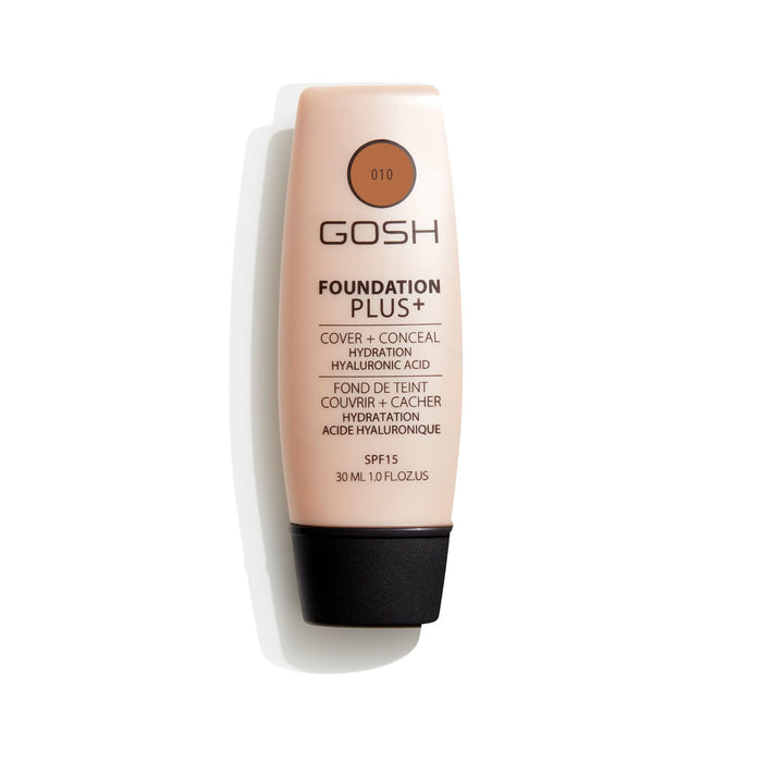 Fond de ten lichid și corector 2-în-1 Gosh Foundation Plus+, hidratant, nuanța 010 Bronzat, SPF 15, 30 ml, tester