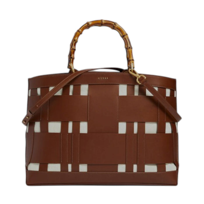 Geantă tote Guess Aida, mâner tip bambus, maro