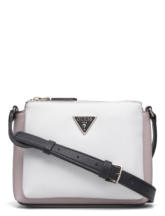Geantă crossbody Guess Becca, albă și roz, cu bretea neagră