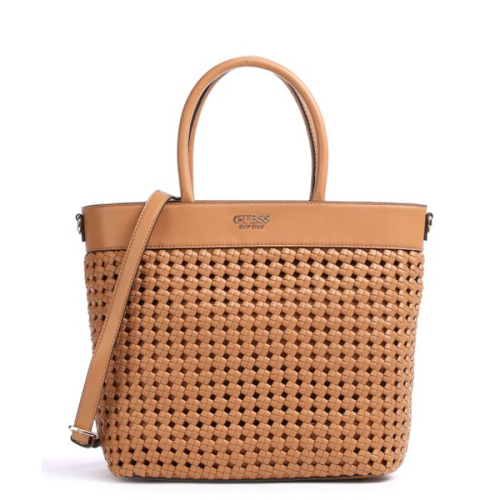 Geantă Guess Sicilia Top-Handle, cu mânere superioare, design împletit, maro