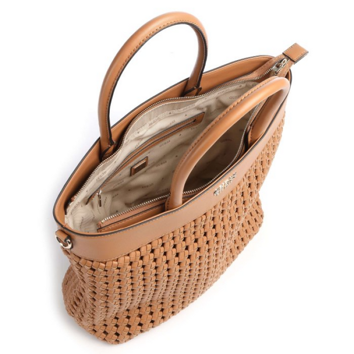 Geantă Guess Sicilia Top-Handle, cu mânere superioare, design împletit, maro