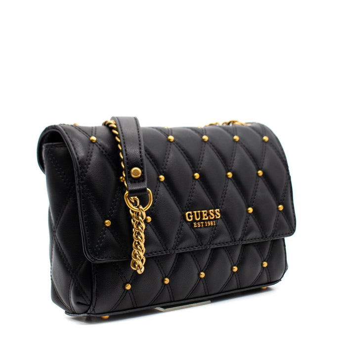 Geantă crossbody Guess Triana, matlasată, neagră, cu detalii aurii