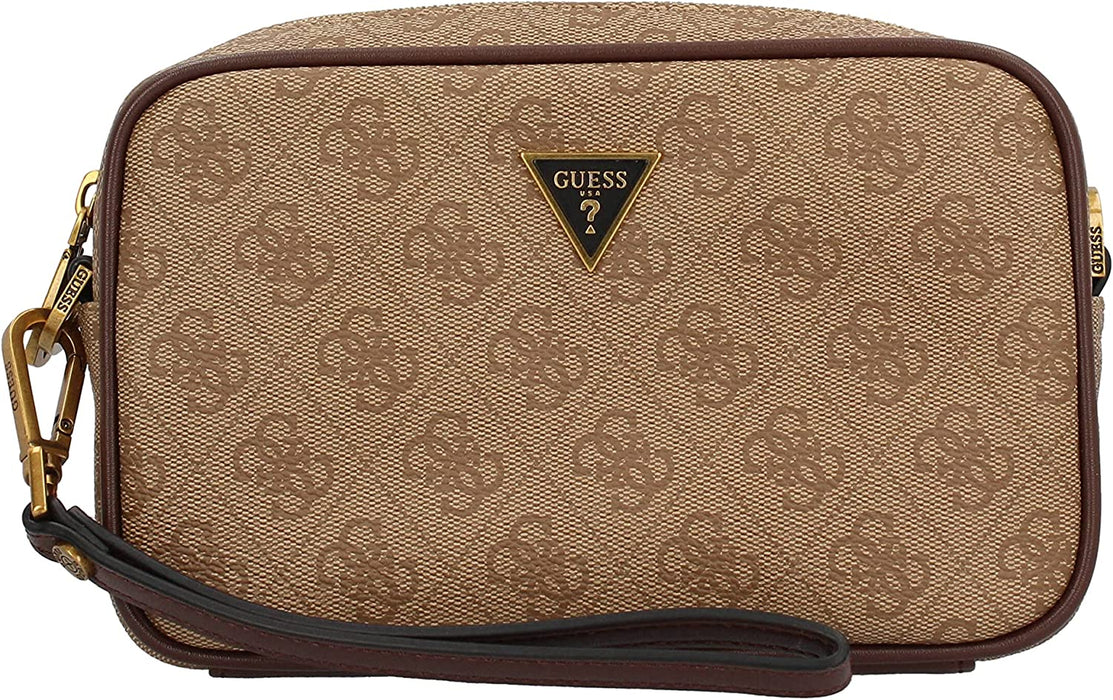 Geantă crossbody Guess Vezzola, imprimeu cu logo, nuanțe bej și maro
