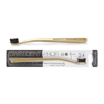 Periuță de dinți Swissdent Profi Gold cu perișori negri din cărbune activ și formă lingură