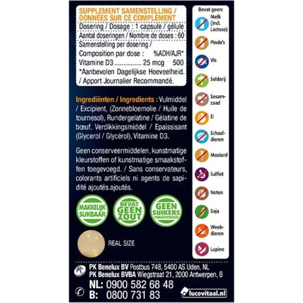 Vitamina D3 Lucovitaal 25 mcg (1000 UI), 60 capsule, borcan sticlă maro