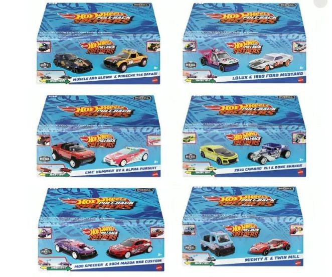 Set de 2 mașinuțe Mattel Hot Wheels Pull Back, diverse modele, scara 1:43