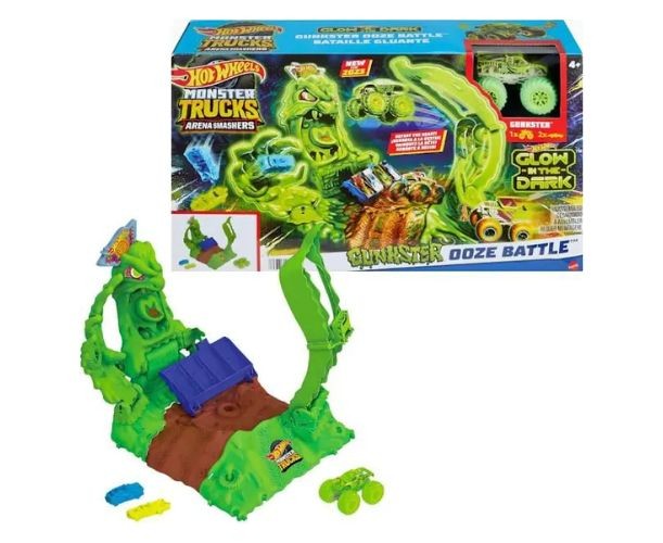 Pistă de joacă Mattel Hot Wheels Monster Trucks Arena Smashers, Gunkster Ooze Battle, efect fosforescent, 4+ ani