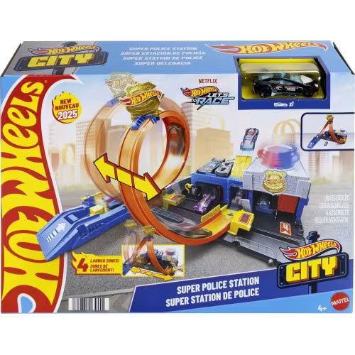 Pistă de jucărie Mattel Hot Wheels City, Super Police Station, cu mașinuță, 4+ ani