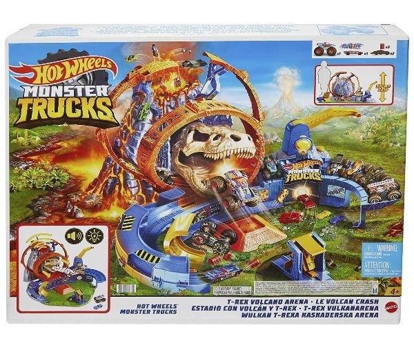 Set de joacă Mattel Hot Wheels Monster Trucks, T-Rex Volcano Arena, lumini și sunete, 4+ ani