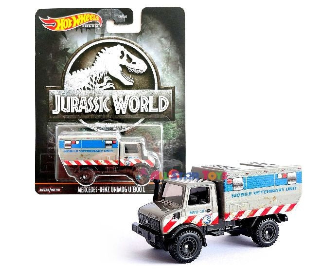 Mașinuță Mattel Hot Wheels Premium Jurassic World, Mercedes-Benz Unimog U1300L, construcție metal/metal