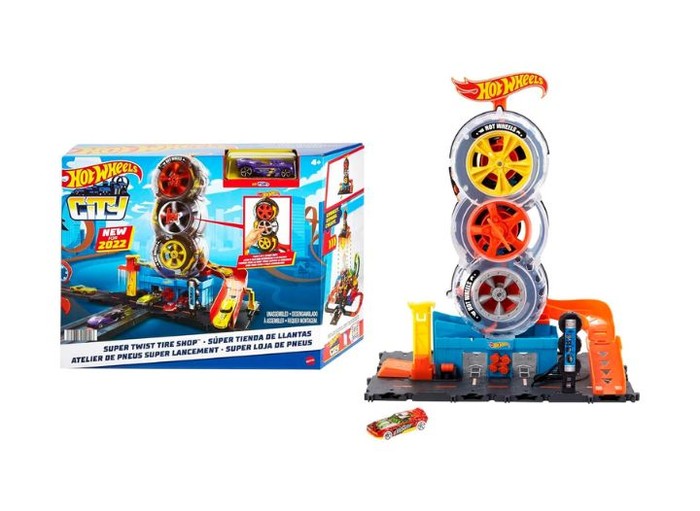 Set de joacă Mattel Hot Wheels City, Magazin de anvelope Super Twist, cu mașinuță inclusă