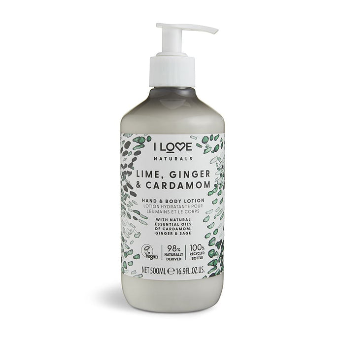 Loțiune pentru mâini și corp I Love Naturals Collection, hidratantă, vegană, Lămâie verde, ghimbir și cardamom, 500 ml