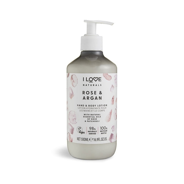 Loțiune pentru mâini și corp I Love Naturals Collection Rose & Argan, vegană, hidratantă, 500 ml