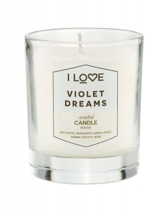 Lumânare parfumată I Love Signature Collection Violet Dreams, bergamotă, măr verde, violete de Parma, trandafir, 160 g