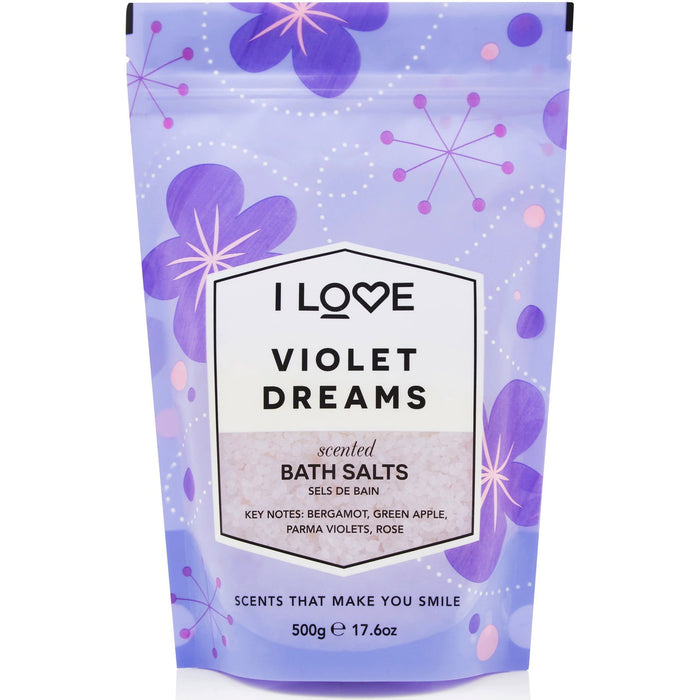 Sare de baie I Love Signature Collection Violet Dreams, cu note de bergamotă, măr verde și trandafir, 500 g