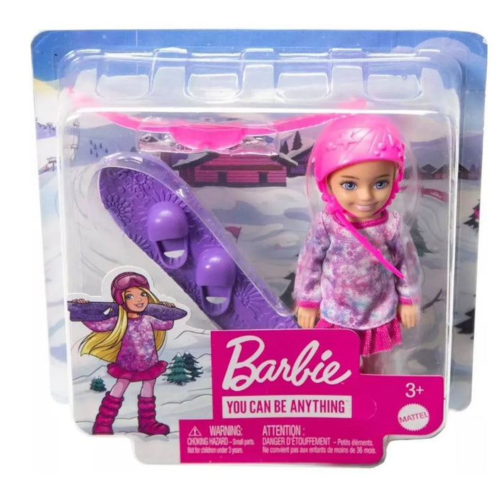 Păpușă Mattel Barbie Chelsea, Aventuri de iarnă, cu snowboard, 3+ ani