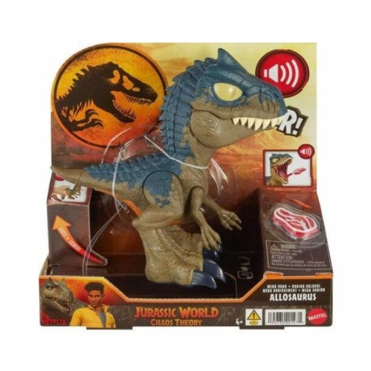 Figurină dinozaur Mattel Jurassic World Chaos Theory, Allosaurus, efect sonor, 4+ ani