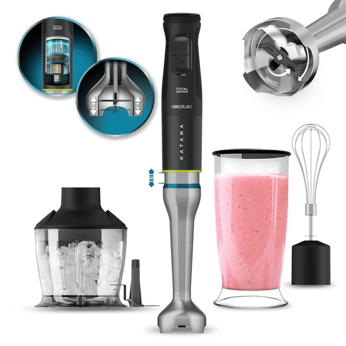 Blender vertical Cecotec Katana 15 TotalDestroy Chop B, 1500 W, 21 de trepte, pahar de 800 ml, negru/gri