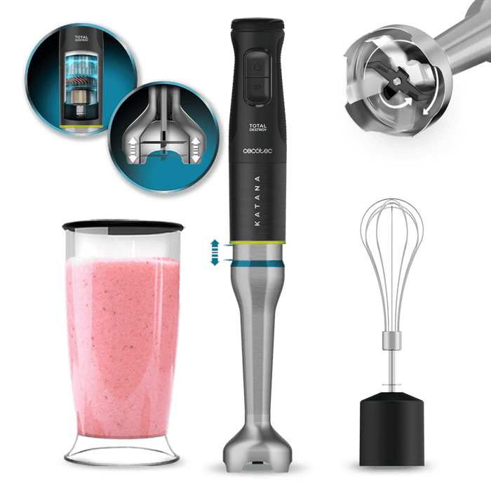 Blender de mână Cecotec Katana 15 TotalDestroy Cream B, 1500 W, 21 viteze, recipient 800 ml, negru