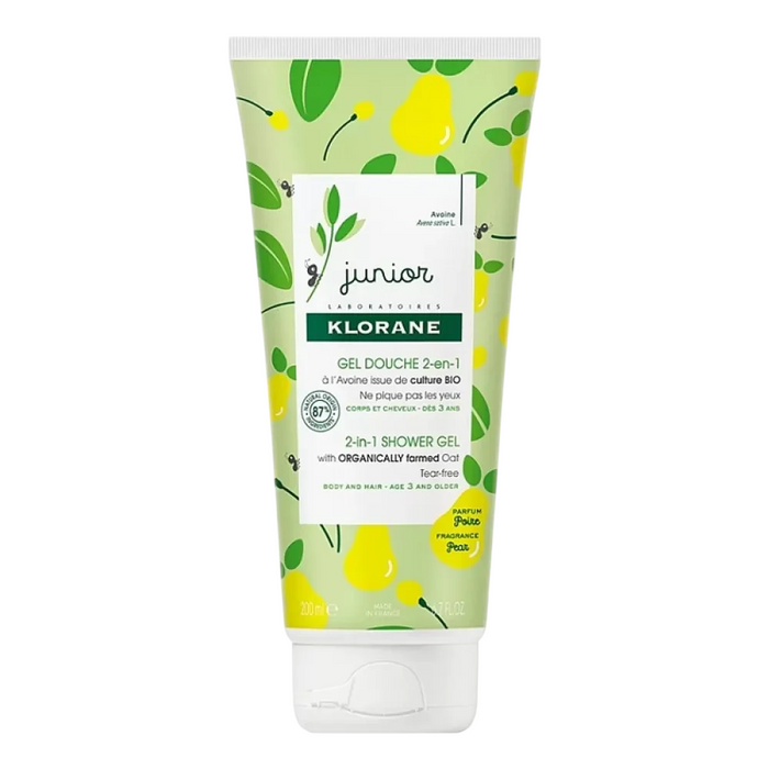 Gel de duș și șampon 2 în 1 Klorane Junior, cu ovăz, aromă de pară, pentru copii, 200 ml