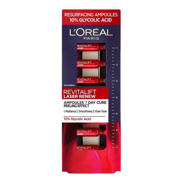 Set ser pentru față L'Oreal Paris Revitalift Laser Renew, acid glicolic 10%, efect de exfoliere, 7 x 1 ml