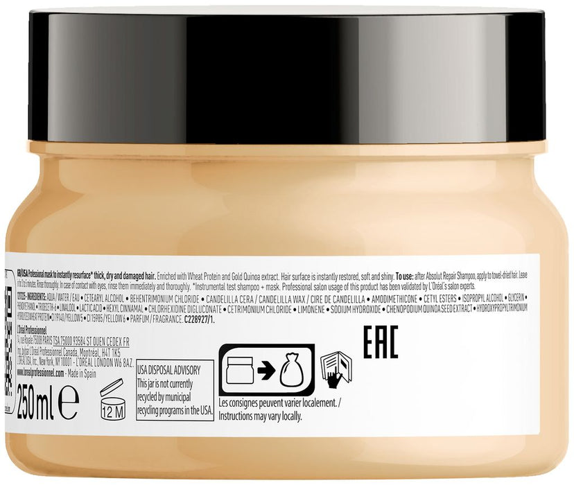 Mască de păr L'Oreal Professionnel Serie Expert Absolut Repair, cu proteină și quinoa aurie, pentru păr uscat și deteriorat, 250 ml
