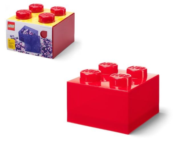 Cutie de depozitare LEGO, cărămidă 2x2, capac transparent, roșie, 25 x 18 x 25 cm